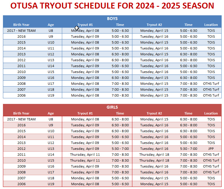 Tryout Schedule 2024